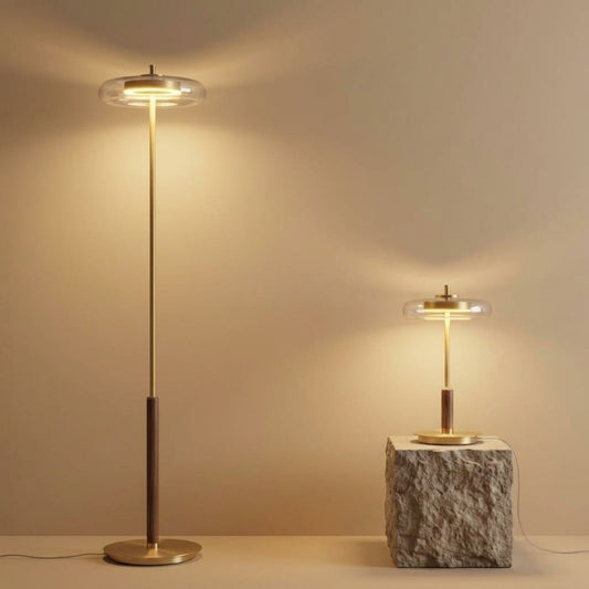 Gold mushroom table lamp with glass shade