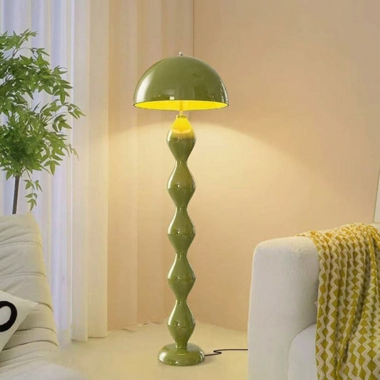 Mushroom floor lamp glowing in a living room corner